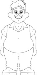 Black and white line art, Fat man posing and smiling. Overweight guy is cute, body positivity theme. Coloring style