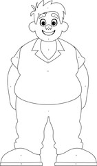 Black and white line art, Fat man posing and smiling. Overweight guy is cute, body positivity theme. Coloring style