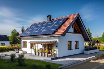 Naklejka premium New suburban house with a photovoltaic system. Solar panel system on the roof. 