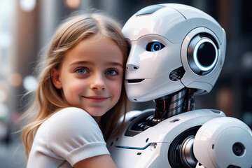 I love my AI. Young girl hugging robot, showing adoration, love for her robotic childminder. Robot with emotions. Human-like robot with artificial intelligence as companion, servant in the future. - obrazy, fototapety, plakaty