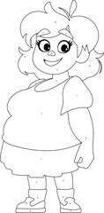 Black and white line art, Fat woman posing and smiling. Cute overweight girl, body positivity theme. Coloring style