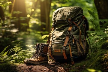 Hiking boots and backpack in the forest. Travel and adventure concept