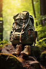 Hiking boots and backpack in the forest. Travel and adventure concept