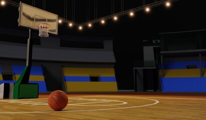 Basketball ball on wooden floor and sport arena with tribunes and lights in blurred background