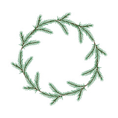 Winter wreath with fir twigs. Modern design of a holiday invitation card, poster, banner, greeting card, postcard, packaging, print. Vector illustration.