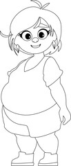 Black and white line art, Fat woman posing and smiling. Cute overweight girl, body positivity theme. Coloring style