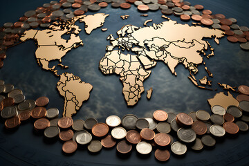 Gold global map. World map Surrounded by gold coins money. The concept of world must move forward...