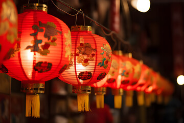 Chinese New year paper lantern red hanging in row. New Year's Day according calendar. In Chinatown,...
