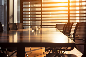Fototapeta premium High level meeting of executive room office is decorated with stylish table and chairs around. Conference room is ready for next level of executive meeting. Sun shines on the window in the evening.