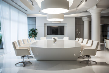 Conference room modern interior. High level meeting of executive room modern white is decorated with stylish table and chairs around. Conference room is ready for next level.	