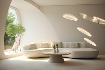 Fototapeta na wymiar White living room interior modern with sofa and armchair, shelf with art decoration, carpet on hardwood floor. Sunlight shines in front of window. Panoramic window on tropics. Mockup copy space wall.
