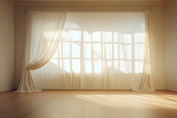 Fototapeta na wymiar Backlit window with white, cream curtains in empty room clean. Sunlight shines evening through window and inside there are shadows light orange. Modern room decoration. Background Abstract Texture.