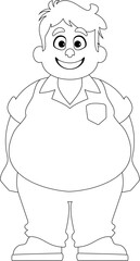 Black and white line art, Fat man posing and smiling. Overweight guy is cute, body positivity theme. Coloring style