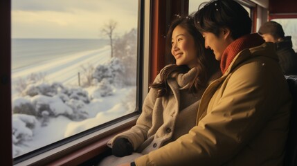 a smiling Asian woman and a man looking out the window on a train, enjoying the view of a snowy...