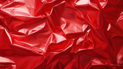Crumpled foil texture background. Wrapping paper backdrop. Vibrant colors design. Christmas theme. Red color.