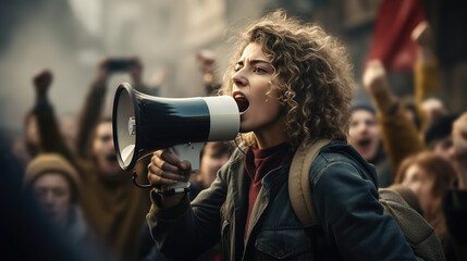 Female activist shout into a megaphone surrounded by a crowd of people protesters during a popular rally. Public opinion and disapproval, demonstration, protest. 