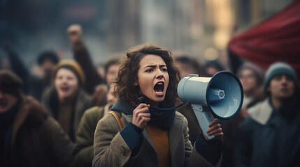 Female activist shout into a megaphone surrounded by a crowd of people protesters during a popular rally. Public opinion and disapproval, demonstration, protest.  - obrazy, fototapety, plakaty