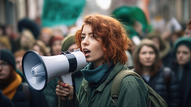Female activist shout into a megaphone surrounded by a crowd of people protesters during a popular rally. Public opinion and disapproval, demonstration, protest. 
