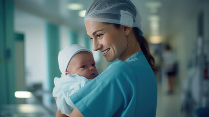 Newborn baby is held in the arms of a happy mother, doctor or nurse midwife. Woman holding a baby in hospital, motherhood, midwifery. - obrazy, fototapety, plakaty