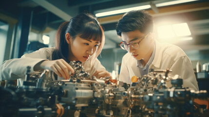 Southeast Asian students using advanced equipment in an engineering laboratory