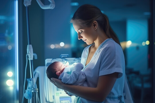 Newborn Baby Is Held In The Arms Of A Happy Mother, Doctor Or Nurse Midwife. Woman Holding A Baby In Hospital, Motherhood, Midwifery.