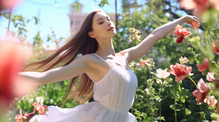Obraz na płótnie Canvas Young female ballerina in a classic white dance dress dances in summer garden surrounded by blooming flowers. Creative concept of dance studio school for adults, creativity, freedom.