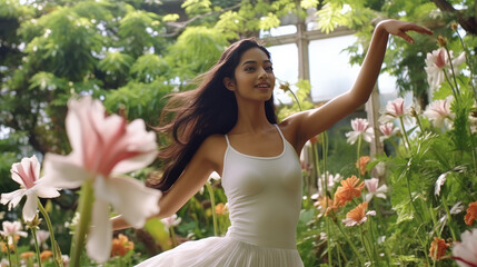 Young female ballerina in a classic white dance dress dances in summer garden surrounded by...