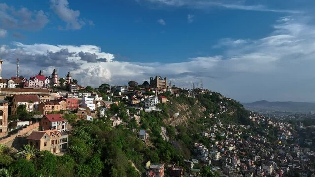 Approaching arial view of the Queen's Palace, also known as Rova of Antananarivo. Antananarivo. Madagascar.