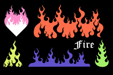 Y2k fire. isolated elements border and frame in 2000s style. Abstract tattoo or stickers. 00s fashion. Postmodern and retro, decorative colorful silhouette gothic grunge elements. Vector set
