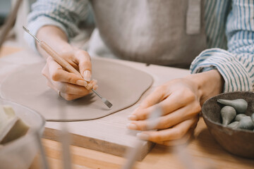 Female hands working with clay makes ceramic tableware on pottery workshop.