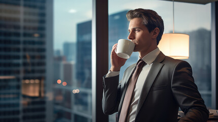 Fototapeta premium business man drinking a coffee cup in the office