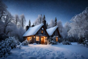 A snow-covered cottage nestled among frosted trees under a starry sky.