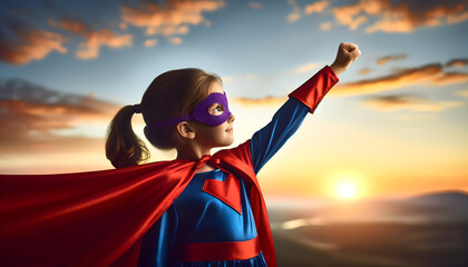 Inspiring little girl in a superhero outfit with heart symbol, Hand raised high, looking up at a dreamy sunset sky