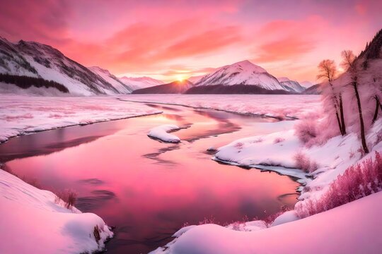 A frozen pond reflecting the vibrant colors of the setting sun, reflection and image of view in thw water, beautiful veiw