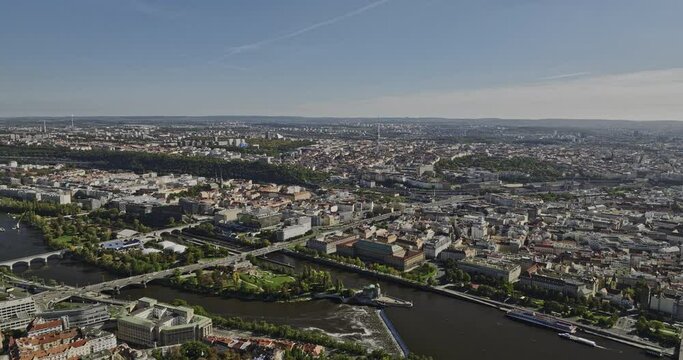 Prague Czechia Aerial v58 drone flyover Holesovice capturing panoramic cityscape views of Stvanice Island, Vltava River, Karlin, Petrska Ctvrt and Old Town - Shot with Mavic 3 Cine - November 2022