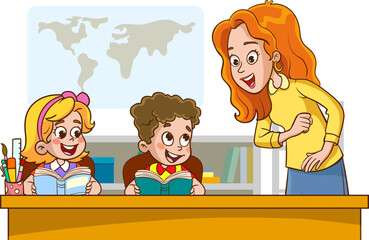 vector illustration of teacher and students having a lesson together