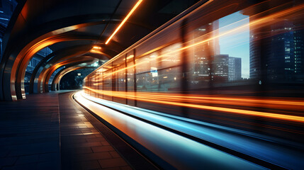 Fototapeta na wymiar Vibrant light streaks from a fast-moving night train at a contemporary urban railway station