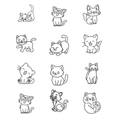 Cartoon cat set with different poses and emotions. Cat behavior, body language and face expressions. Ginger kitty in simple cute style, isolated vector illustration.