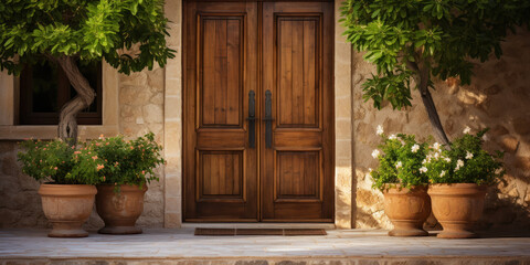 Fototapeta na wymiar Wooden door stands as a warm welcome, flanked by the greenery of a potted plant