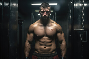 Fototapeta na wymiar Focused Male Boxer Preparing Mentally in Locker Room Before Fight - Intense Sports Determination