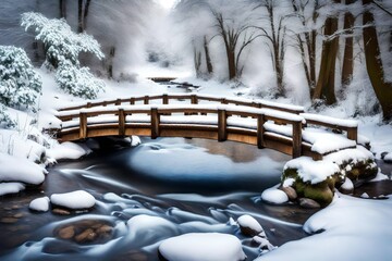 bridge in the winter ,A snow-draped wooden bridge crossing over a tranquil stream