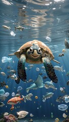 turtle swimming in the sea, Plastic waste in the Sea 