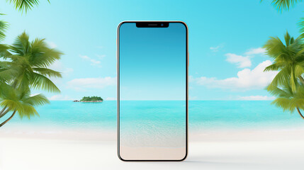 tropical paradise beach with smartphone 