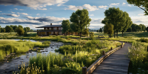 Obraz premium Wooden pathway meanders through the field, leading to a house nestled in nature cradle
