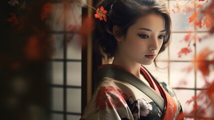 living in the traditional way. A woman in kimono - obrazy, fototapety, plakaty