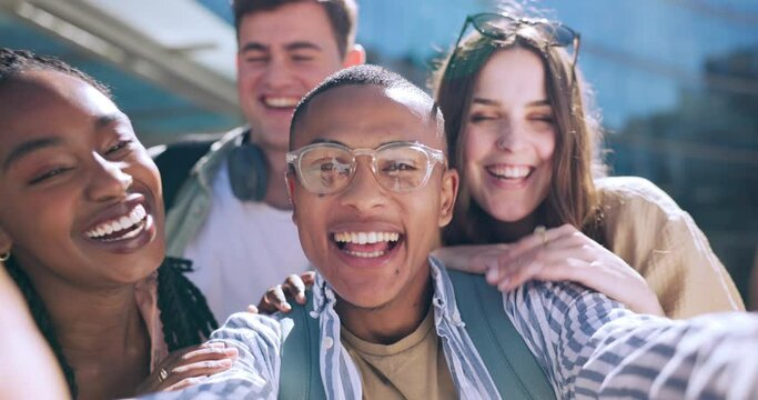 Students, laugh and face selfie of friends with peace sign for social media, online post and memory. Profile picture, diversity and portrait of men and women for studying, college and university
