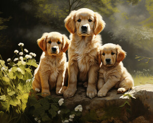 Group of Golden retriever puppies