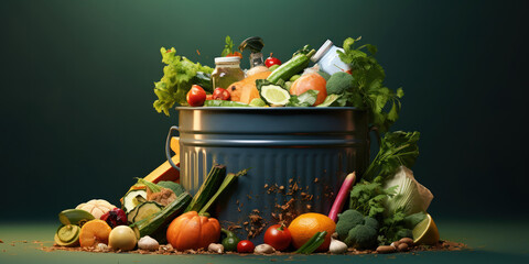 Garbage bin contains a variety of food and vegetables