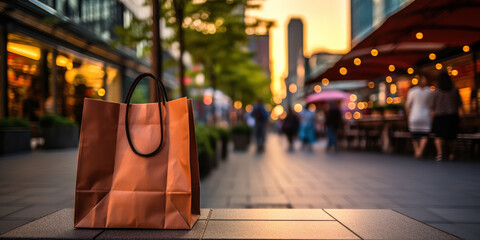 Shopping bags in the sidewalk in the evening - obrazy, fototapety, plakaty