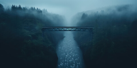 Wooden bridge arches gracefully, enveloped by a mist of blue and the gentle touch of rain - obrazy, fototapety, plakaty